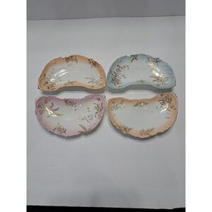 VINTAGE VICTORIAN Crescent  Dishes Gold Trim‎ And Floral Set Of 4.